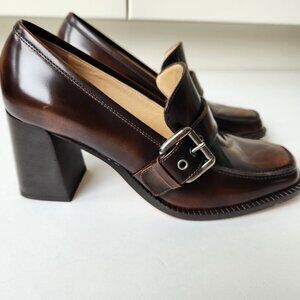 M. Gemi The Scuola Brown Leather Block Heel Loafers Buckle Business Office Siren
